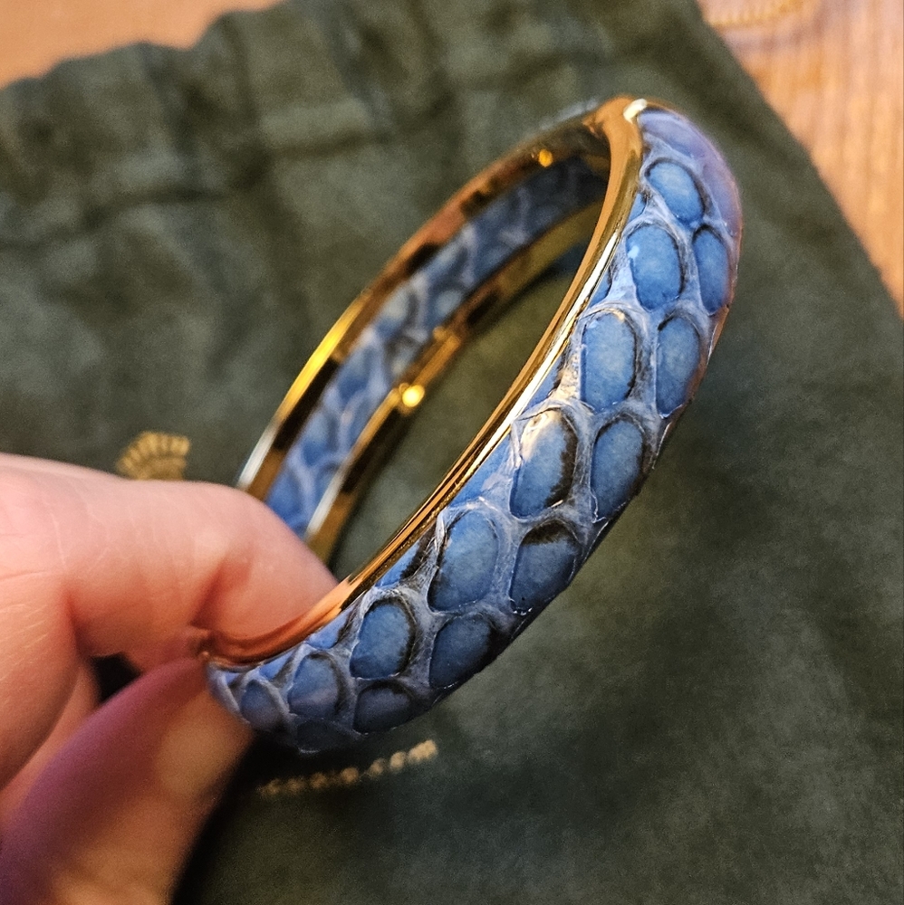 Italian leather snakeskin blue and gold bangle